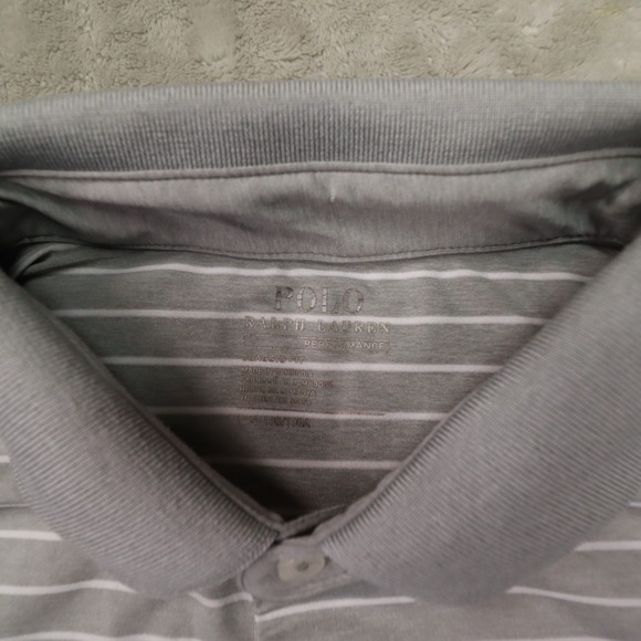 Polo Ralph Lauren Performance Grey White Striped Short Sleeve Polo Shirt Large - Picture 2 of 7